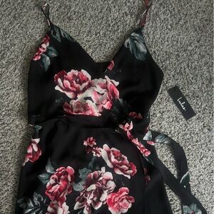 Lulu's Black and Pink Floral Print Wrap Maxi Dress NEW
